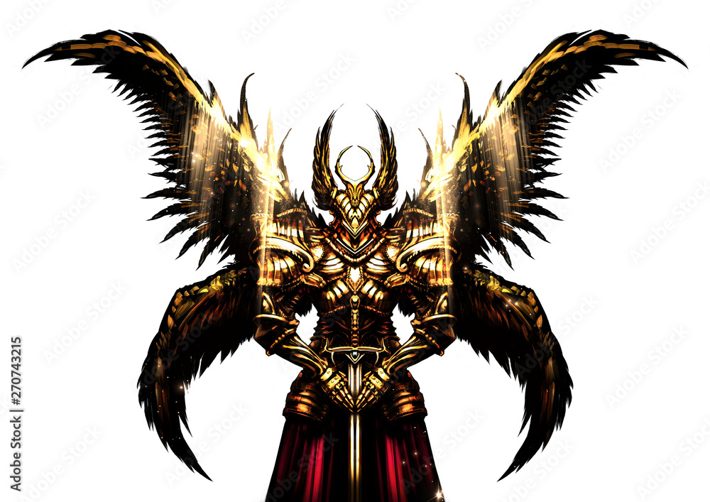 Angel knight in plate armor with wings stands holding a sword . Stock