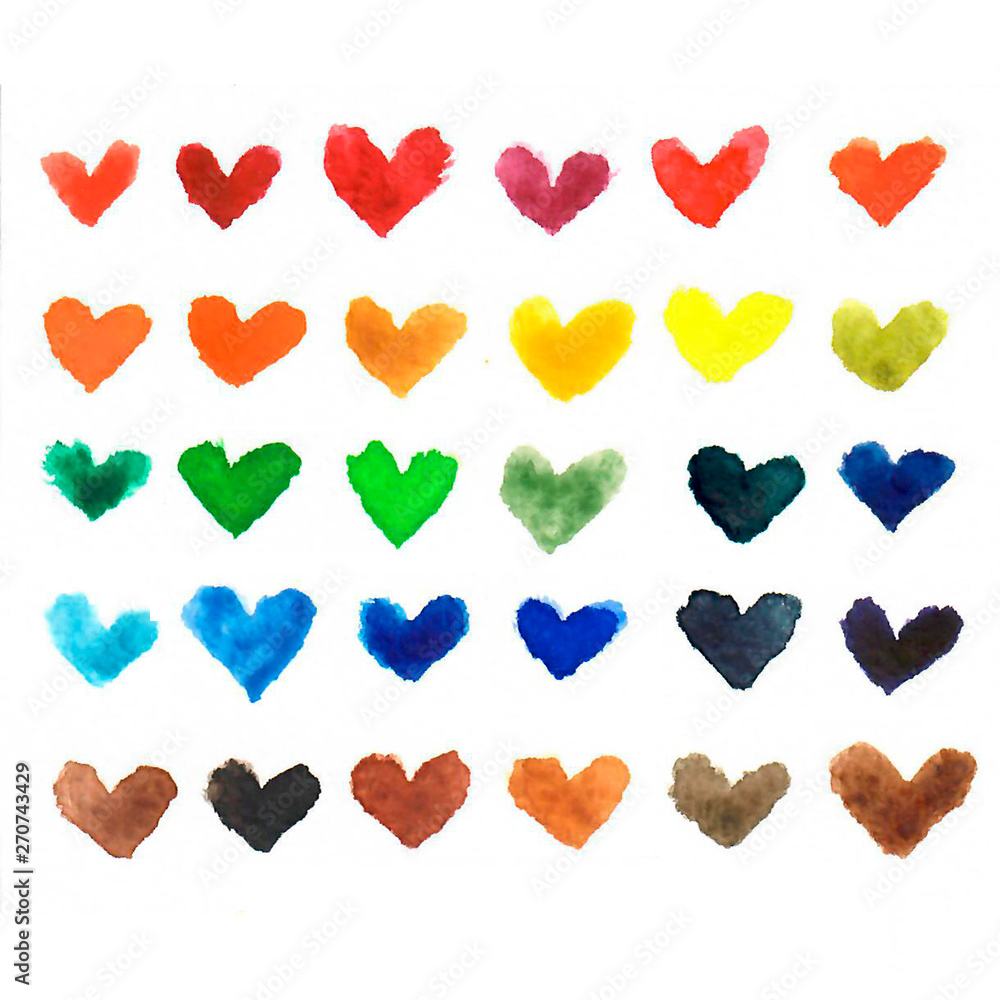 Set of multicolor watercolor hearts. Hand drawn watercolor elements