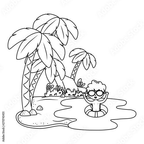 summer and kids cartoon in black and white