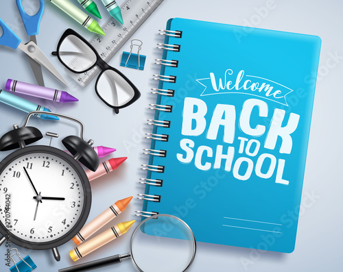 Back to school vector design with welcome back to school greeting text writen in notebook with school items and education elements in white background. Vector illustration.