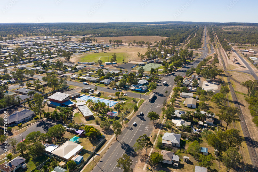  aerial view of the town of Miles in central Queensland, Australia.