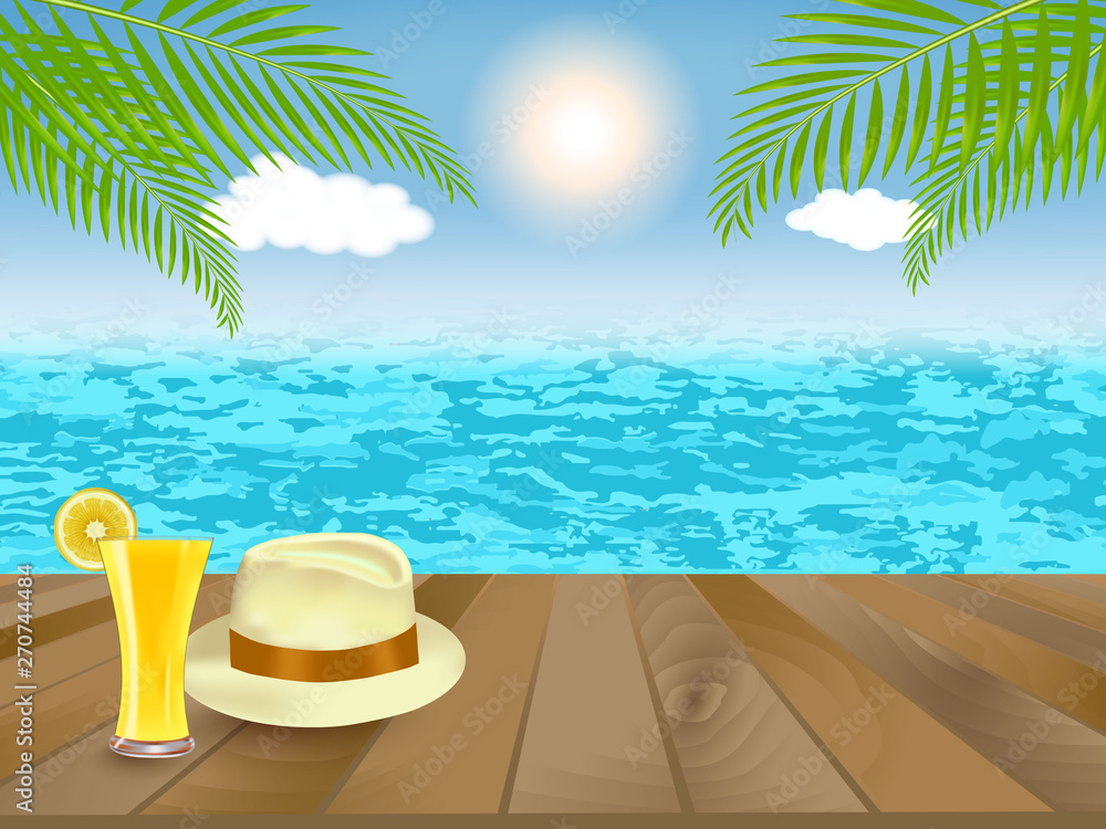 Wooden table with lemon juice and hat in Summer and vacation time at colorful beach with palm tree and sea. Travelling and journey concept. Vector illustration.
