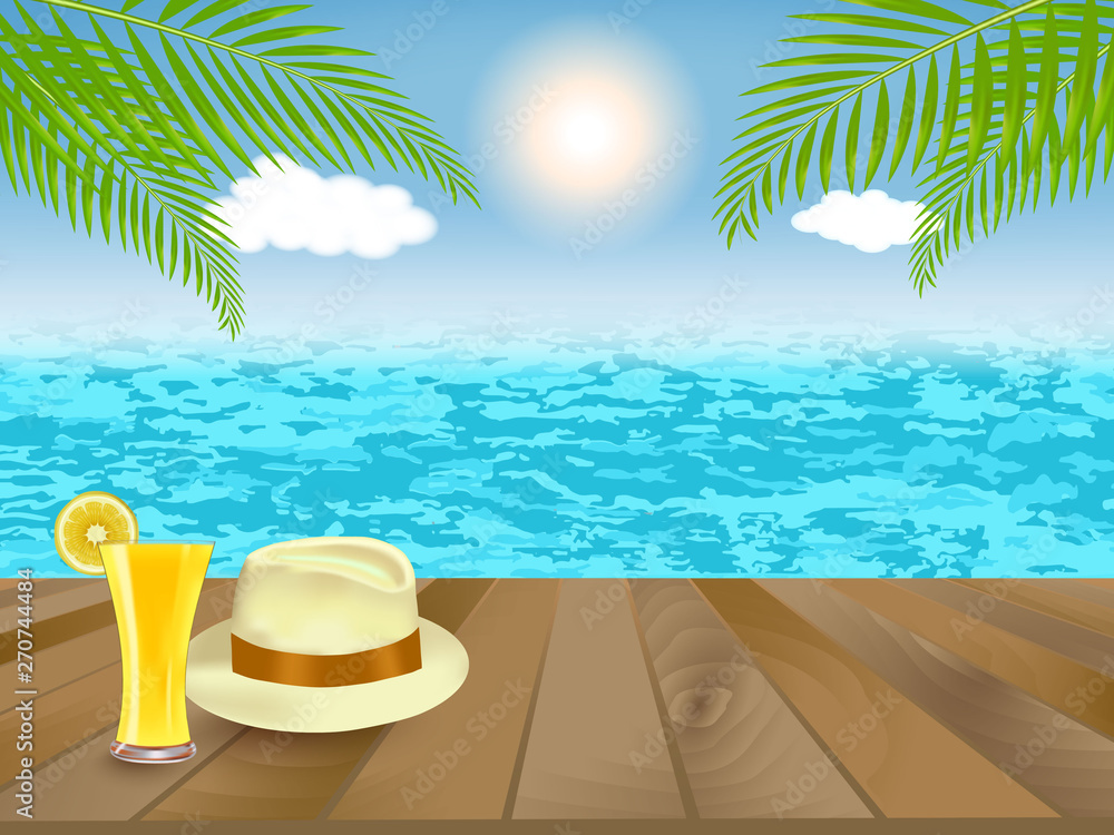 Obraz premium Wooden table with lemon juice and hat in Summer and vacation time at colorful beach with palm tree and sea. Travelling and journey concept. Vector illustration.