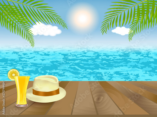 Wooden table with lemon juice and hat in Summer and vacation time at colorful beach with palm tree and sea. Travelling and journey concept. Vector illustration. © amperespy