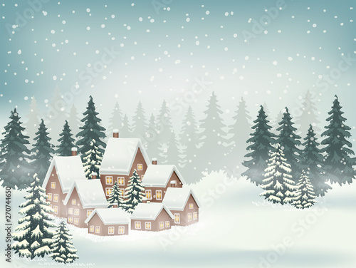 Christmas and happy new year white vector background with snowflake and village in the winter season