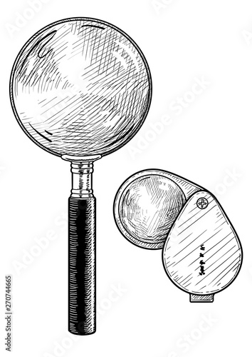 Magnifying glass illustration, drawing, engraving, ink, line art, vector