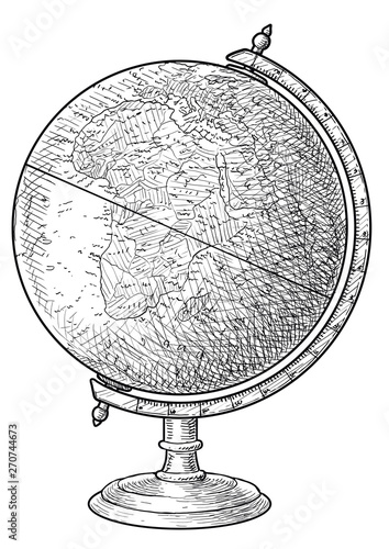 World Globe illustration, drawing, engraving, ink, line art, vector