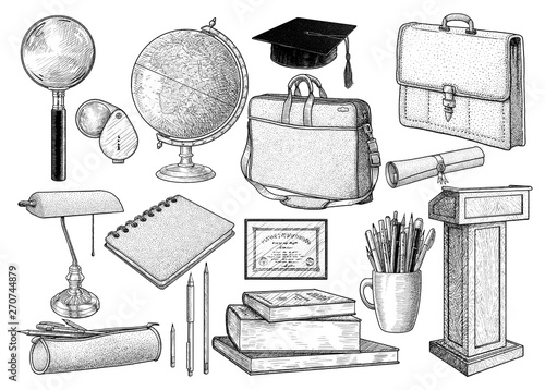 Education collection illustration, drawing, engraving, ink, line art, vector