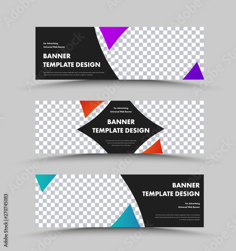 Design of vector black horizontal web banners with curved lines and color rhombuses, place for photo.