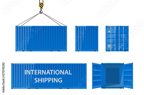 Collection of cargo containers in blue. Cargo shipping container for the transport of international cargo. Shipping container for logistics and transportation. Vector Illustration.