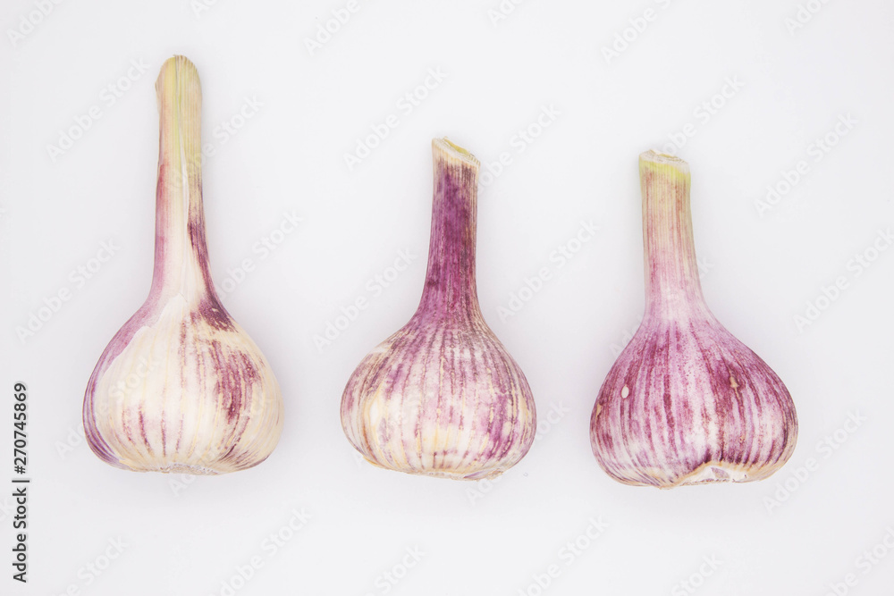 Fototapeta premium Photo heads of young garlic on a light background