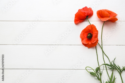 Beautiful red poppy flowers on white wooden background