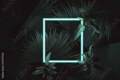 3d rendering of white square neon light with tropical leaves.. Flat lay of minimal nature style concept