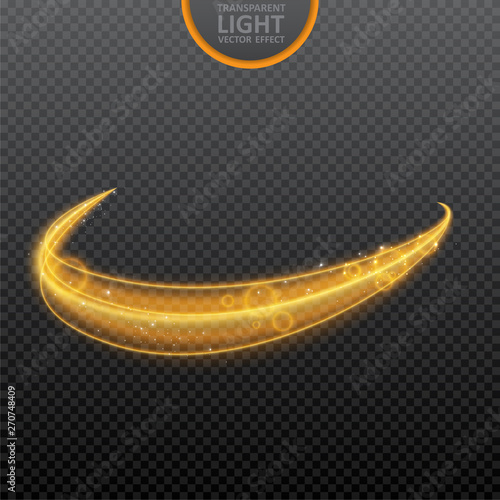 Golden light effect on transparent background with realistic sparkles. Magic light. Glowing swirl light effect. Vector Illustration