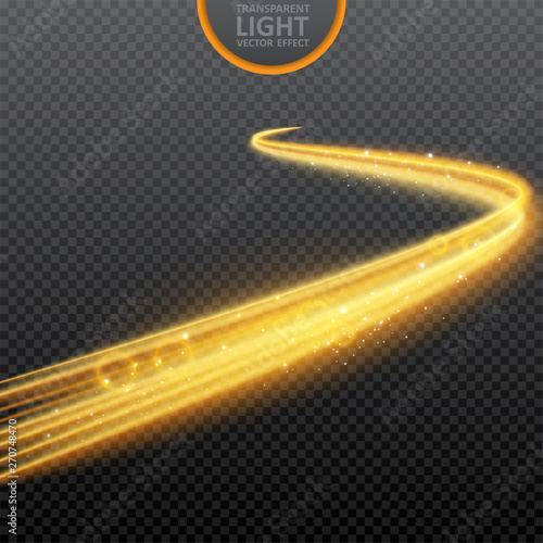 Golden light effect on transparent background with realistic sparkles. Magic light. Glowing swirl light effect. Vector Illustration