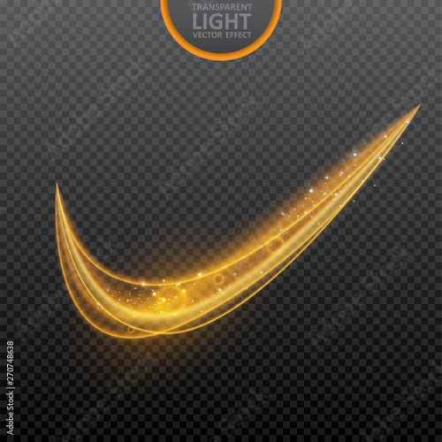 Golden light effect on transparent background with realistic sparkles. Magic light. Glowing swirl light effect. Vector Illustration