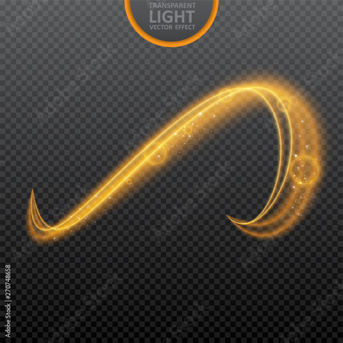 Golden light effect on transparent background with realistic sparkles. Magic light. Glowing swirl light effect. Vector Illustration
