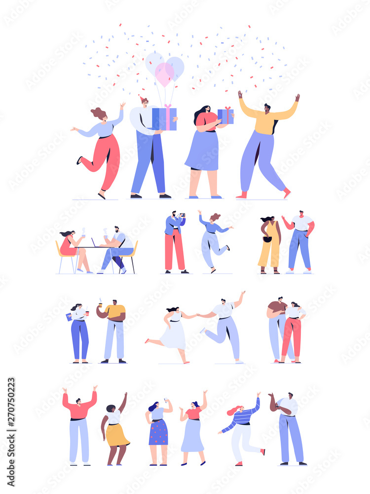 Friendship. Birthday party. People big vector set. Couples. Male and female flat characters isolated on white background.	