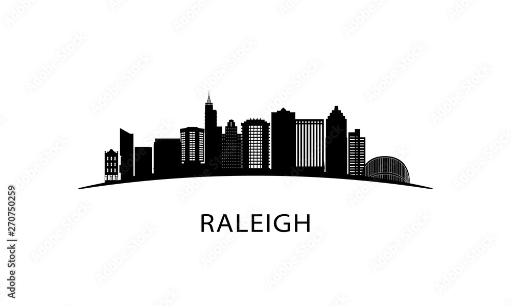 Raleigh city skyline. Black cityscape isolated on white background. Vector banner.