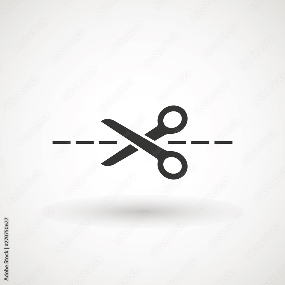 Scissors with cut lines icon. Cutting scissors icon. Vector illustration. Isolated on white background. Web design element. Scissors with cut lines icon. Cutting scissors icon. Vector illustration. Isolated on white background. Web design element.