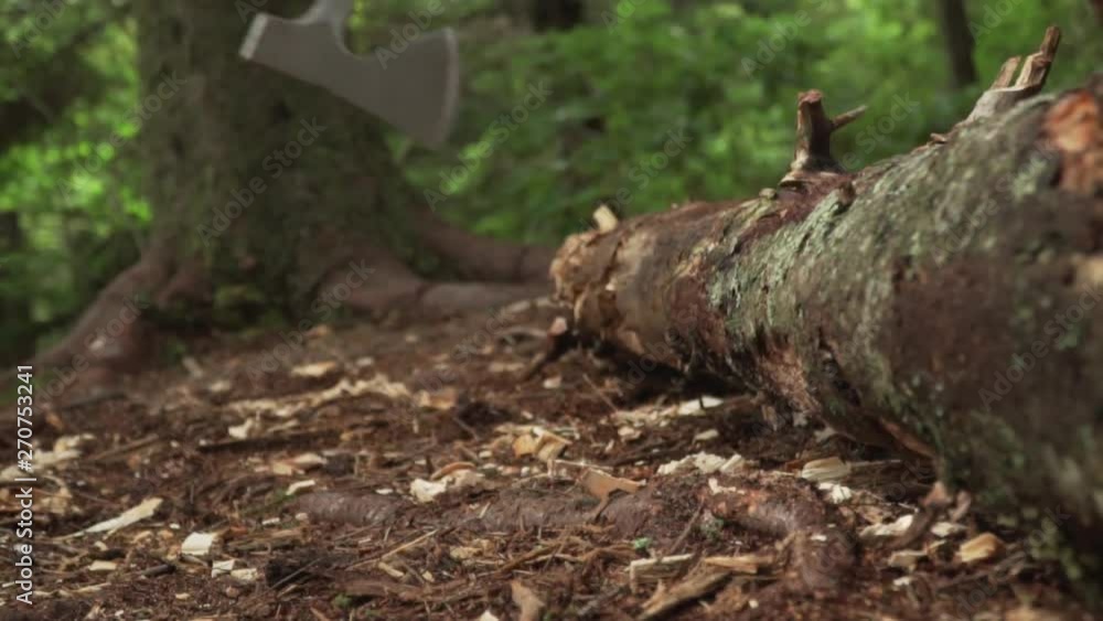 Short Axe Chopping Continuously at Log Slow Motion Short Axe Chopping Continuously at Log Slow Motion