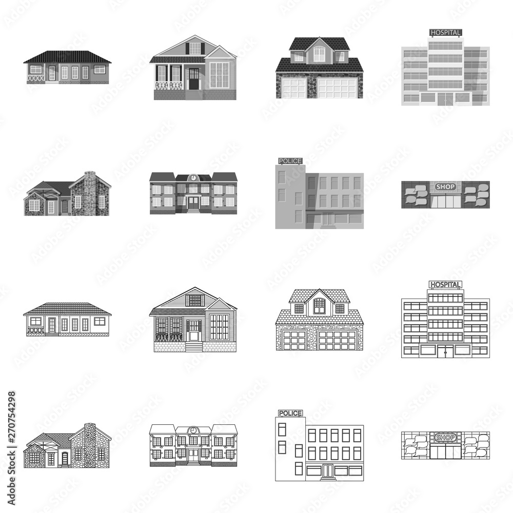 Isolated object of building and front symbol. Collection of building and roof stock symbol for web.