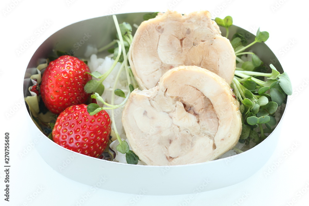 Chinese food, steamed chicken and rice with strawberry Chinese food, steamed chicken and rice with strawberry
