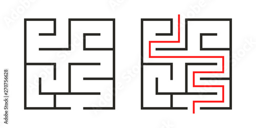Education logic game labyrinth for kids. Find right way. Isolated simple square maze black line on white background.  With the solution. Vector illustration.