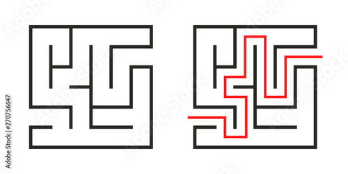Education logic game labyrinth for kids. Find right way. Isolated simple square maze black line on white background.  With the solution. Vector illustration.
