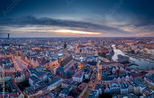 Wroc  aw evening panorama aerial view