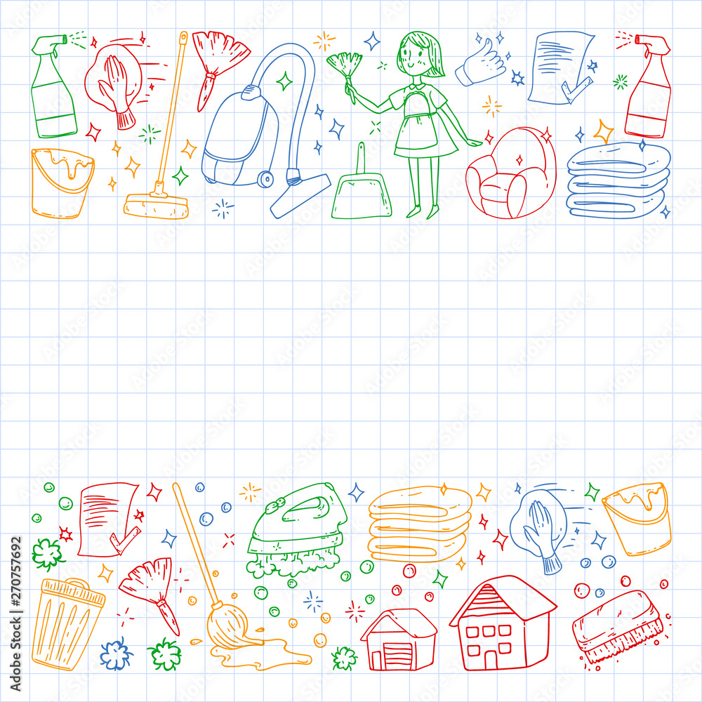 Fototapeta premium Cleaning services company vector pattern, squared notebook