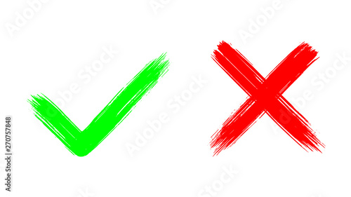 Two dirty grunge hand drawn with brush strokes cross x and tick OK check marks vector illustration isolated on white background. Check mark symbol NO and YES buttons for vote in check box, web, etc. 