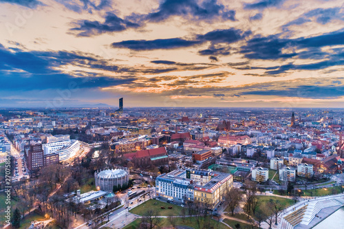 Wroc  aw evening panorama aerial view