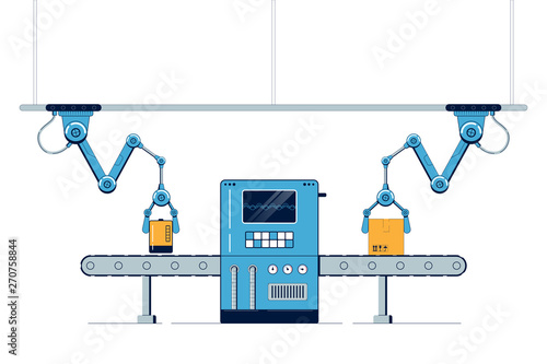 Packing conveyor. The factory conveyor with mechanical arms. Automatic belt line with Cardboard Boxes. Vector illustration