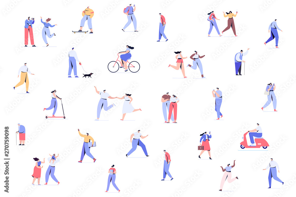 Crowd of people background. Different walking and running people side view.  Male and female. Flat vector characters isolated on white background.