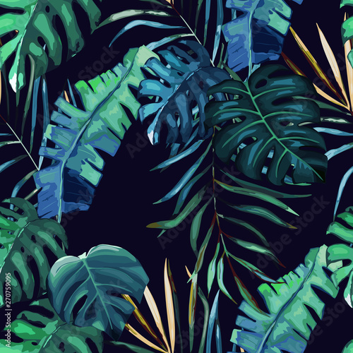 Jungle exotic seamless pattern, green tropical leaves, summer vector illustration on white background. Watercolor style