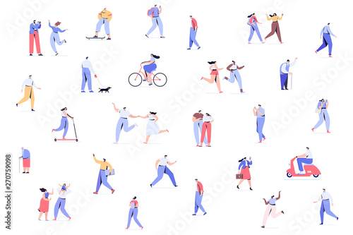 Crowd of people background. Different walking and running people side view. Male and female. Flat vector characters isolated on white background.