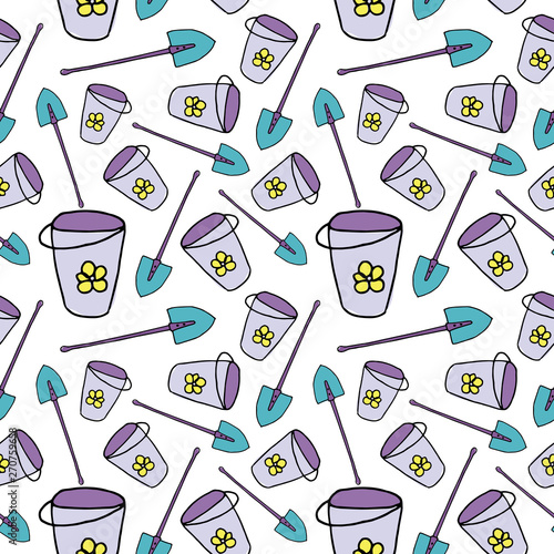 Bucket and spade. Colored doodle buckets and shovels on white background. Summer wallpaper, bright cartoon illustration. Gardening backdrop. Seamless pattern.