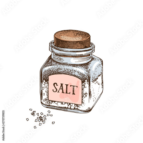 Hand drawn glass bottle with salt and crystals