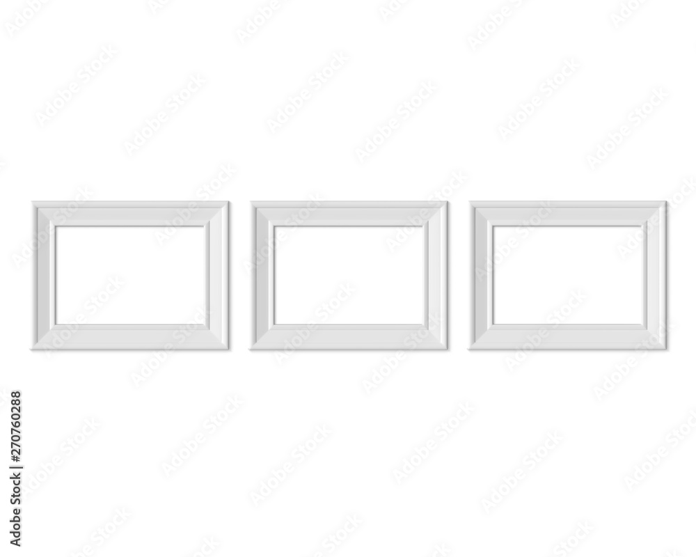 Set 3 2x3 A4 Horizontal Landscape picture frame mockup. Realisitc paper, wooden or plastic white blank. Isolated poster frame mock up template on white background. 3D render. Set 3 2x3 A4 Horizontal Landscape picture frame mockup. Realisitc paper, wooden or plastic white blank. Isolated poster frame mock up template on white background. 3D render.