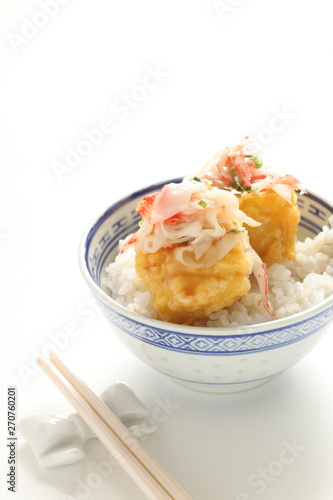 Chinese food, crab sauce on deep fried tofu 