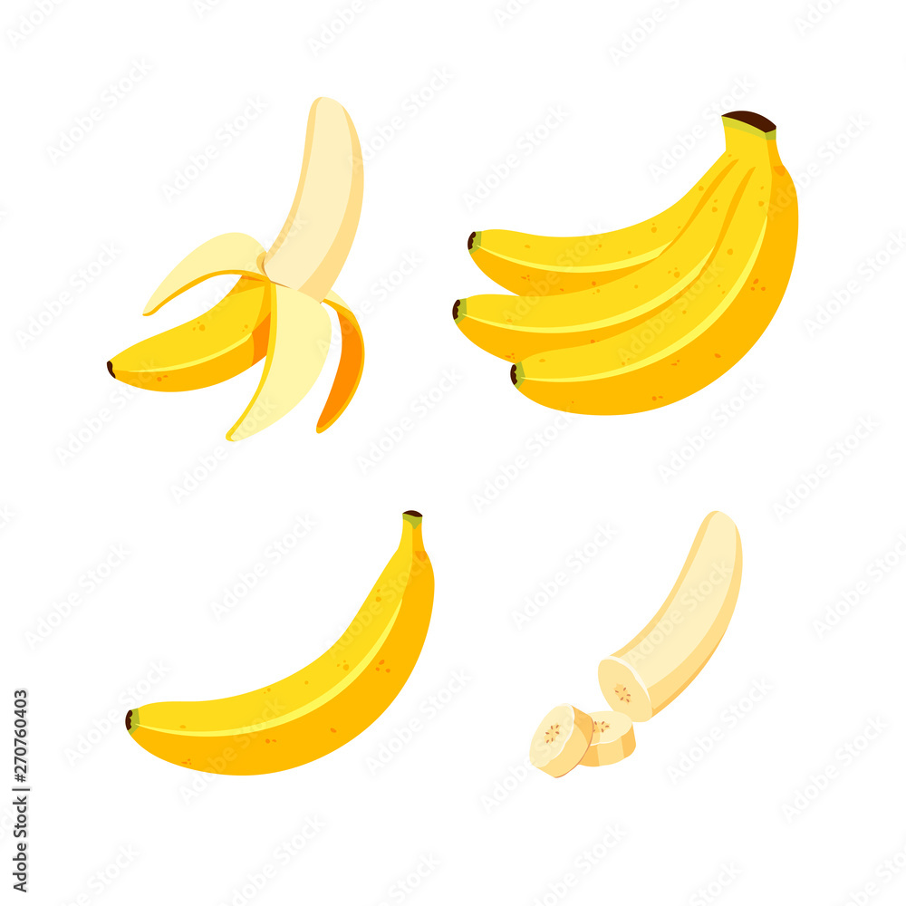 Vector banana. Bunches of fresh banana fruits isolated on white background, set of cartoon and flat vector illustrations