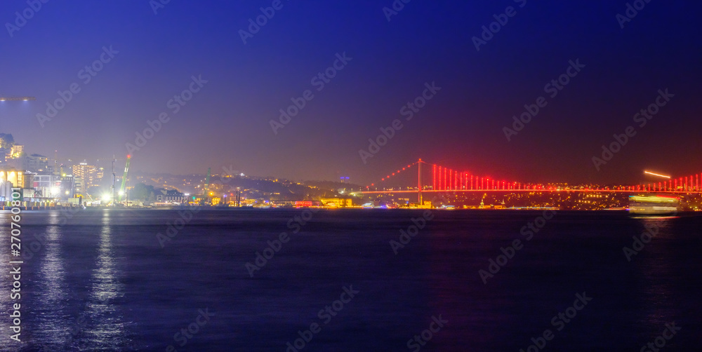 Istanbul, Turkey. Night view of the Bosphorus Bridge