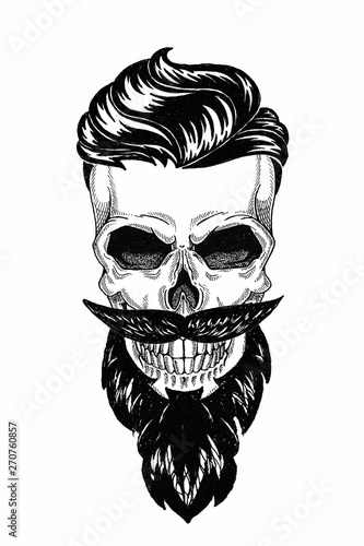Monochrome illustration barbershop of skull with beard, mustache, hipster haircut and on white background, cartoon, angry, beautiful, brutal.