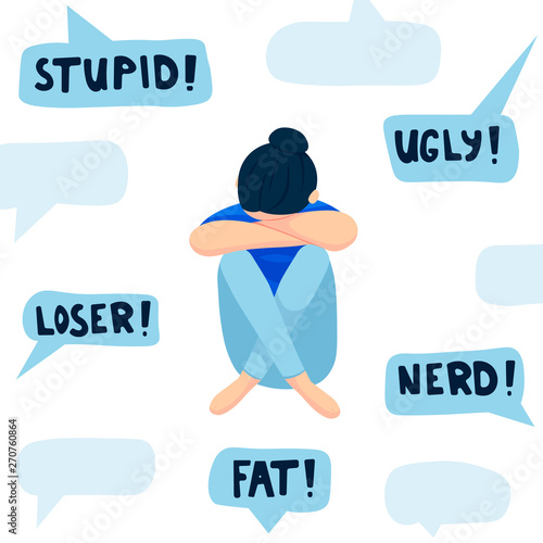 Cyberbullying concept, sad teenager in front of laptop, flat vector illustration isolated on white