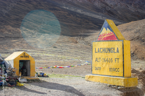 Ladakh, Jammu and Kashmir, India: Dated- May 3, 2019: A milestone at Lachungla Pass in Zanskar Range on Leh-Manali Highway