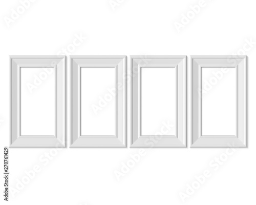 Set 4 1x2 Vertical Portrait picture frame mockup. Realisitc paper  wooden or plastic white blank. Isolated poster frame mock up template on white background. 3D render.