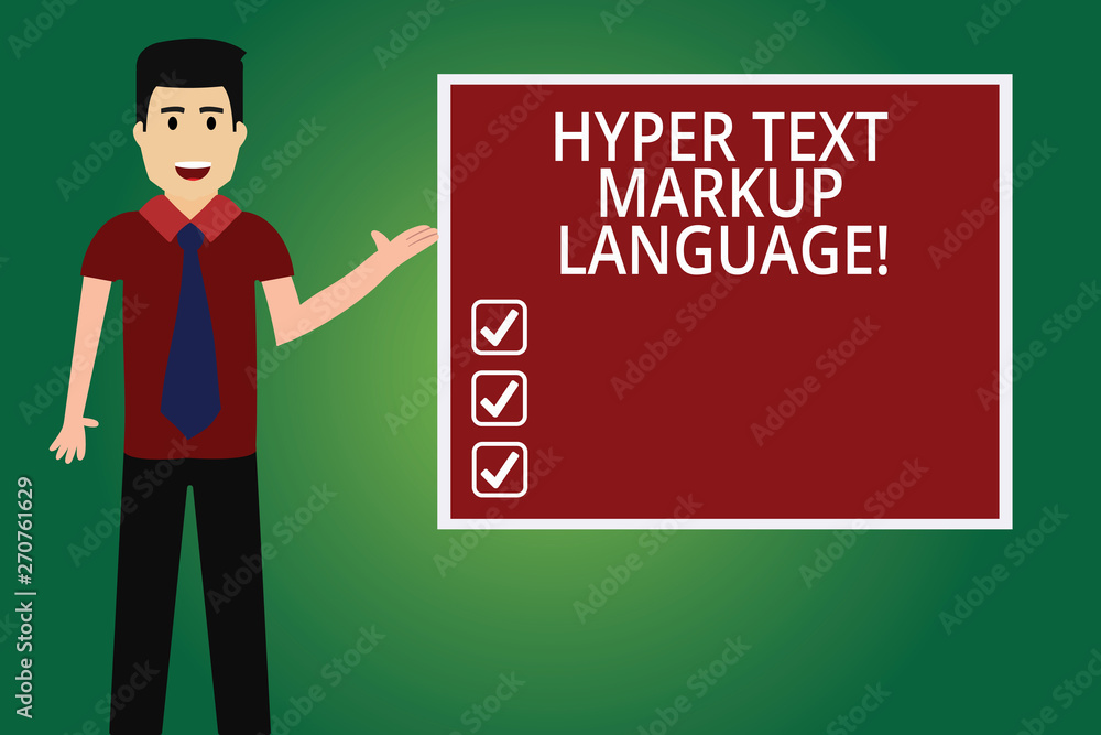 Word writing text Hyper Text Markup Language. Business concept for Standard languages for the creation of websites Man with Tie Standing Talking Presenting Blank Color Square Board photo Word writing text Hyper Text Markup Language. Business concept for Standard languages for the creation of websites Man with Tie Standing Talking Presenting Blank Color Square Board photo