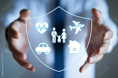 Businessman with protective gesture and family, life, car, travel, health and house insurance icons. Insurance concept. photo