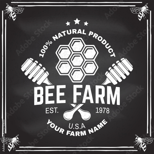 Honey farm badge. Vector on the chalkboard. Concept for print, stamp or tee. Vintage typography design with honeycomb piece and honey dipper silhouette. Retro design for honey bee farm business